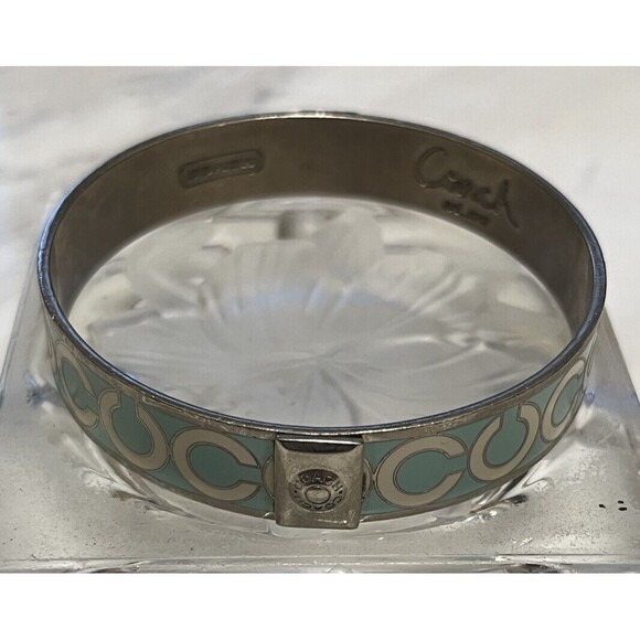 COACH Bangle Bracelet Enamel Signature C Logo Stackable Y2K Blue Silver Plate - Picture 4 of 5
